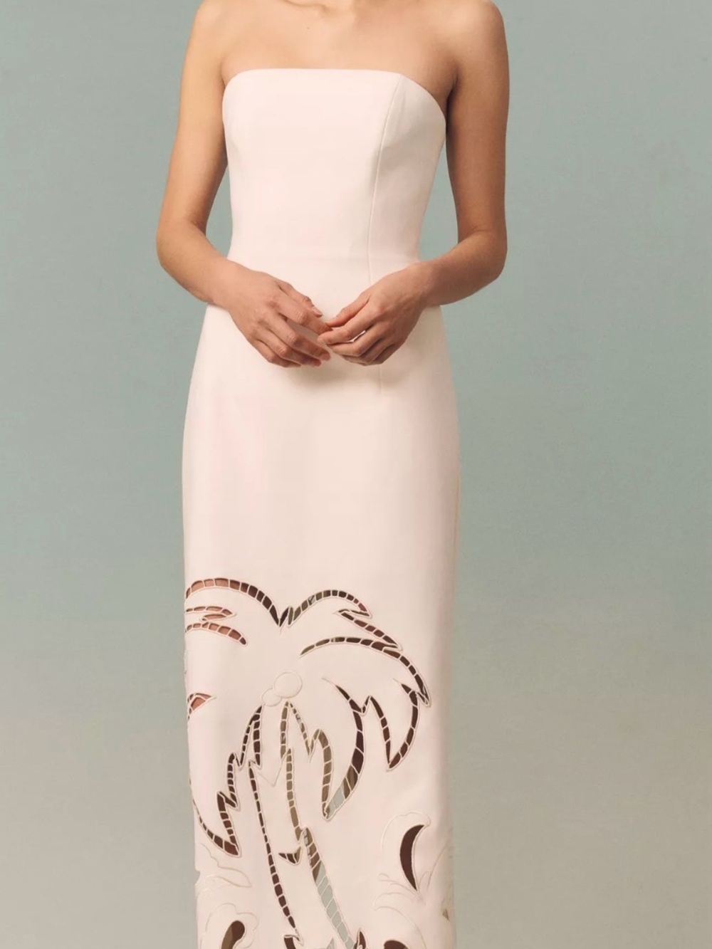 NWT LEO LIN Strapless Cream Column Dress with Palm Detail